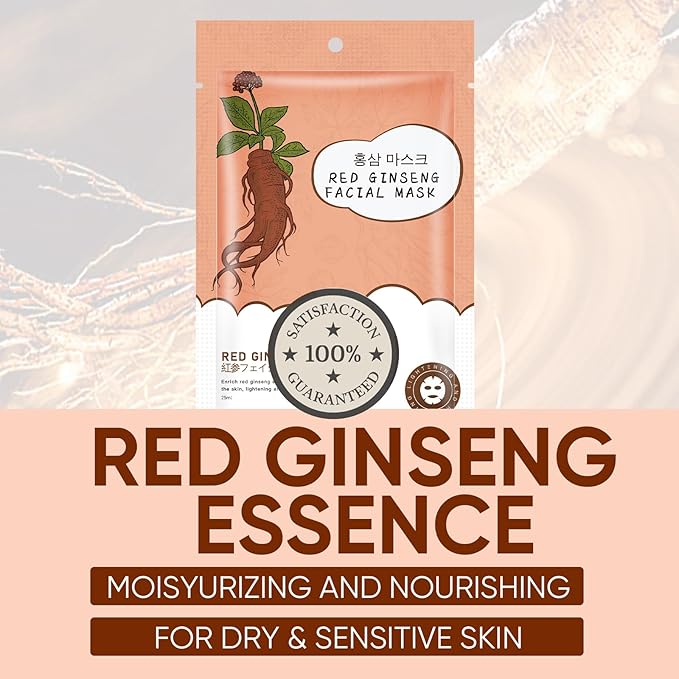Hydrating Facial Masks Skincare for Women,Red Ginseng Face Mask Sheet Skincare, Moisturizing Face Mask for All Skin Types (10-Packs)