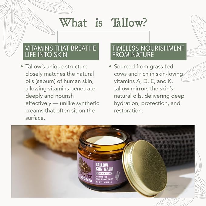 Lavender Tallow Sunscreen SPF 50 – Grass-Fed Beef Tallow Balm with Carrot Seed Oil & Non-Nano Zinc – Organic Face & Body Moisturizer, Reef Safe, Naturally Scented – 2.5oz x 2, Made in USA
