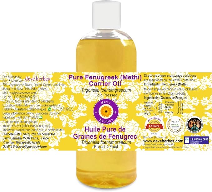 dève herbes Fenugreek (Methi) Oil (Trigonella foenumgraecum) | Cold Pressed | Pure | Natural | For Diluting Essential oils | Hair, Skin & Massage | Non-Sticky | Lightweight | Unisex | 200ml (6.76 oz)