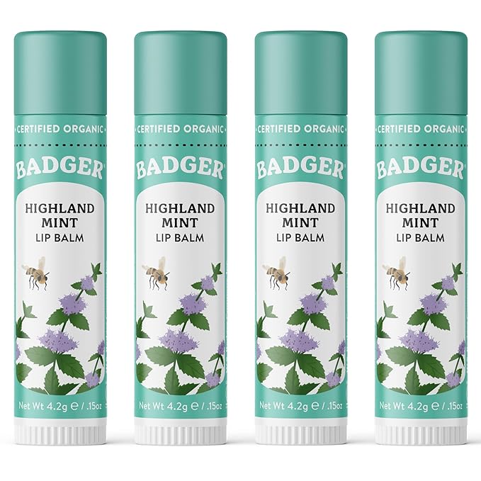 Badger Highland Mint Classic Lip Balm, 100% Organic Balm Long Lasting Lip Moisturizer w/Light Silky Texture, Refreshing, Invigorating & Soothing Mint Lip Balm, 4 Pack
