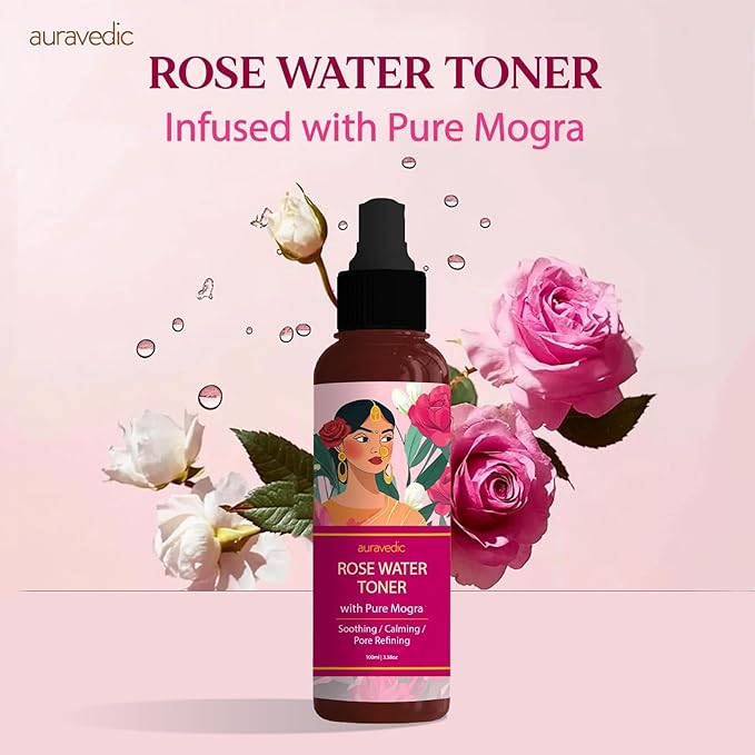 Auravedic Rose Water Toner Spray for Face | Natural Facial Mist for Glowing Skin with Damask Rose | Hydrates, Soothes & Clarifies | Maintains Skin's pH | 3.38 Fl Oz (100ml)