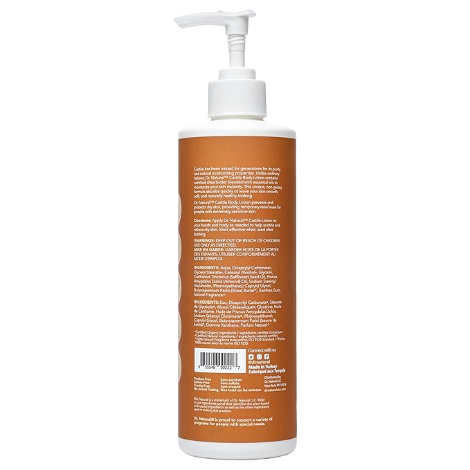 Dr. Natural Castile Body Lotion - Non-Greasy Body Cream with Shea Butter - Gentle and Soothing Lotion for Women and Men - Almond and Mandarin - 16 oz
