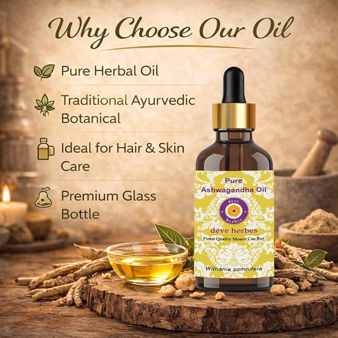 dève herbes Ashwagandha Oil (Withania somnifera) with Glass Dropper | Infused | Pure | Non-Sticky | Lightweight | for Facial Care | Men & Women | 30ml (1 oz)