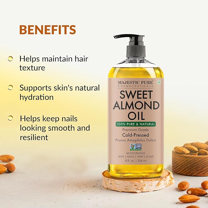Majestic Pure Sweet Almond Oil 8 Fl Oz - 100% Pure and Natural- Cold Pressed & Hexane Free Natural Hair Growth Oil for Eyelashes, Eyebrows, Skin, Body, Face, Nails & Scalp