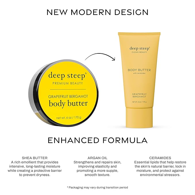 Deep Steep Body Butter, 6 oz – Rich Moisturizer with Ceramides, Coconut Oil, Argan Oil & Aloe Vera – Vegan, Clean Beauty, Smooth & Hydrated Skin (6 Ounces, Grapefruit Bergamot)