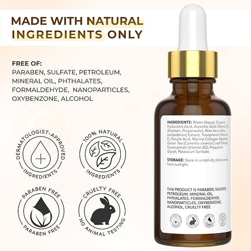 All Natural Pure 20% Vitamin C Serum Face + 6 Active Boosters for Dark Spots, Wrinkles, Brightening, Hydrating, Even Tone, Healthy Glow with Niacinamide, Hyaluronic Acid, Ferulic Acid, Vitamin E