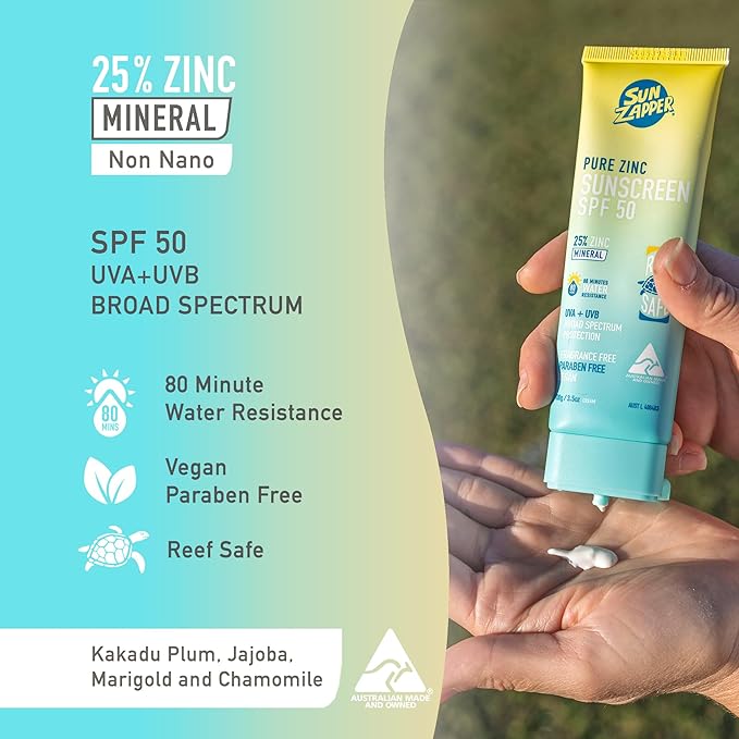 Sun Zapper Pure Zinc Sunscreen SPF 50 – Organic Mineral Sunscreen for Face and Body, 25% Non-Nano Zinc Oxide, Reef Safe, Water Resistant, Broad Spectrum, Vegan, 100g (3.5 oz) Tube, Australian Made