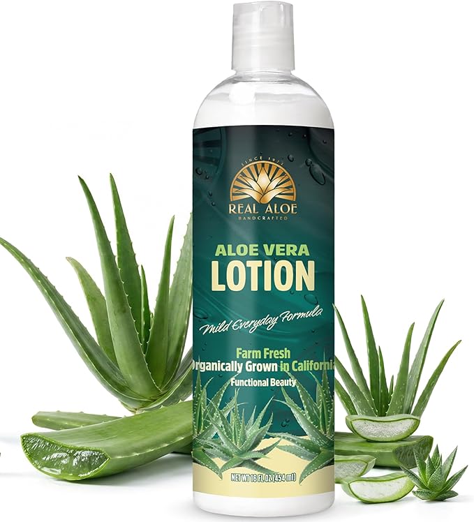 Real Aloe Aloe Vera Lotion (16 fl oz) | Organic Aloe for Face, Body & Hands | Lightweight, Fast-Absorbing Moisturizer | Non-Greasy Hydration for Dry & Sensitive Skin | Made in USA