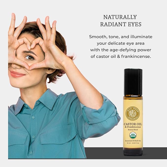Silk Road Organic Castor Oil & Frankincense Essential Oil Under Eye Roll On for Bags, Dark Circles, Crows Feet, Fine Lines & Wrinkles | USDA Certified Aromatherapy for Delicate Eye Skin, 10ml Roller