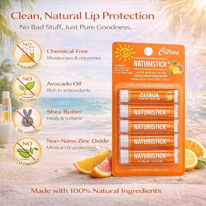 Naturistick UV Pro® Mineral SPF 30 Lip Balm – Citrus (5-Pack), Broad Spectrum Sun Protection
