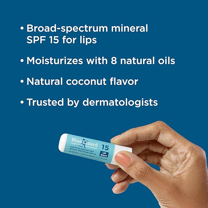 BLUE LIZARD Mineral SPF 15 Lip Balm, 6-Pack: Broad Spectrum Sun Protection, Natural Coconut Flavor, 8 Natural Oils, Infused with Australian Kakadu Plum, Rich in Vitamin C, Vegan, Each Tube 0.13 oz.