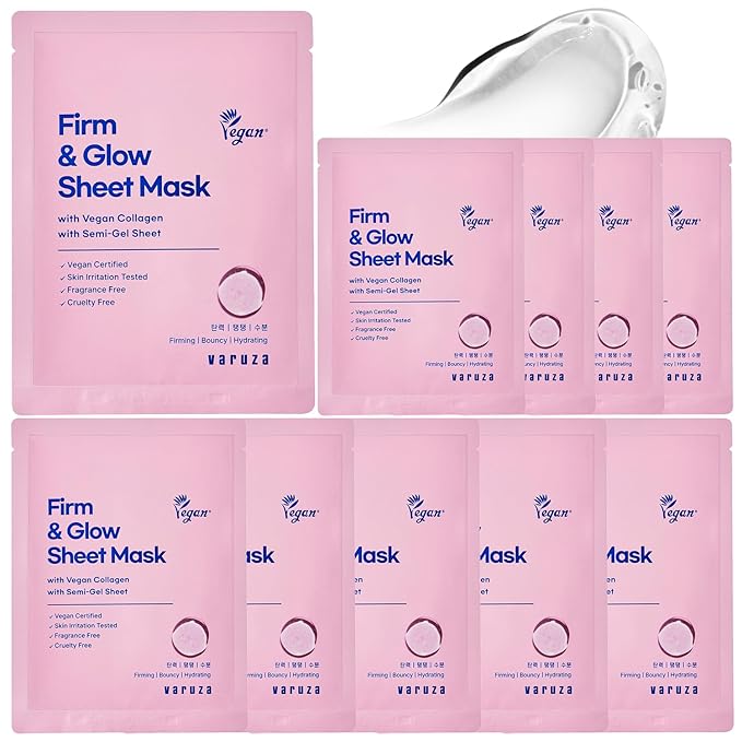 Firm & Glow Sheet Mask with Vegan Collagen Semi-Gel Sheet Biodegradable 100% Cellulose Semi-Gel Sheet for Anti-Aging Hydration Elasticity Peptide Complex-9 Niacinamide 10 Count