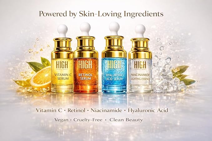 HIGH – Elixir Quartet Face Serum Set – Vitamin C, Retinol, Hyaluronic Acid & Niacinamide – Complete Daily Skincare Routine