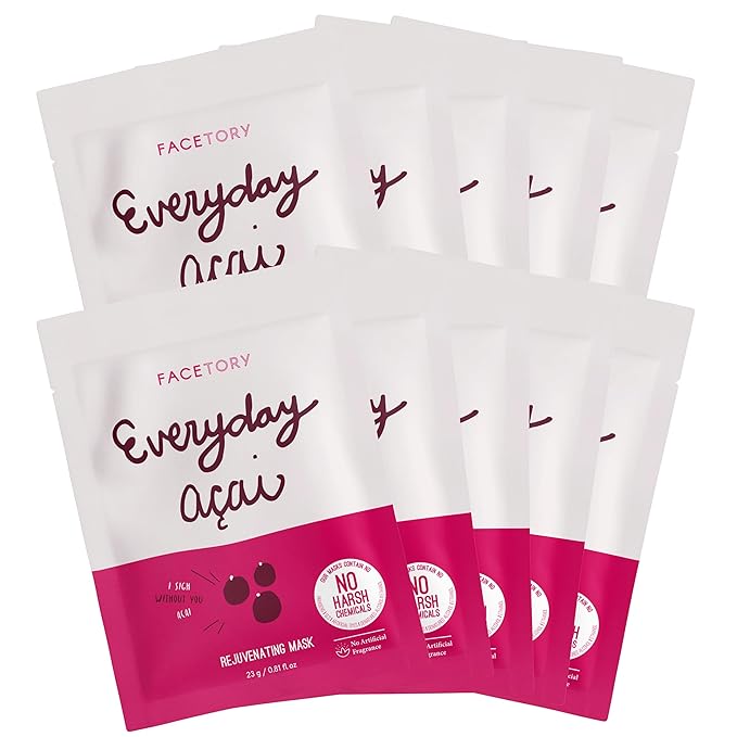 FACETORY K Beauty Face Mask Skin Care - Everyday ACAI Rejuvenating Sheet Mask | Plant-Based with Acai Infusion (10 Pack)