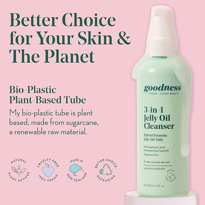 goodness 3 in 1 Jelly Oil Cleanser – Makeup Remover & Hydrating Oil Cleanser with Hyaluronic Acid – Waterproof Makeup Remover for Face – Vegan, Fragrance Free – 5 fl oz