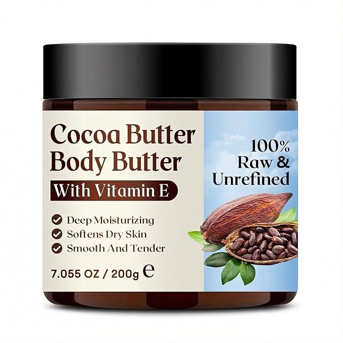 Grospe Cocoa Butter Body Butter for Women & Men 100% Raw & Unrefined Body Cream with Vitamin E Deep Moisturizing Body Lotion for Extremely Dry Skin Natural Daily Body Care Moisturizer - 7.05 Oz