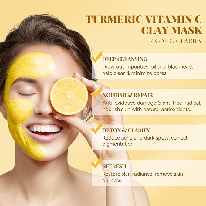 ANAI RUI Turmeric Vitamin C Clay Mask, Vitamin C Clay Facial Mask for Blackheads, Pores, Wrinkles, Fine Lines, Hydrating, Clarifying, Cleansing, Control Oil, 4.23 OZ