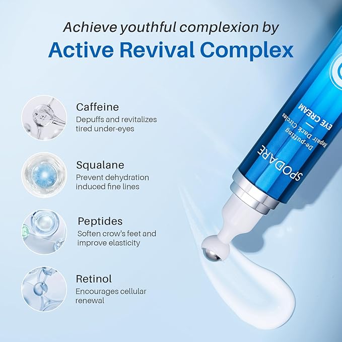 SPODARE Caffeine Eye Cream & Eye Serum for Dark Circles, Puffiness and Wrinkles with 360° Massage Ball for Women and Men