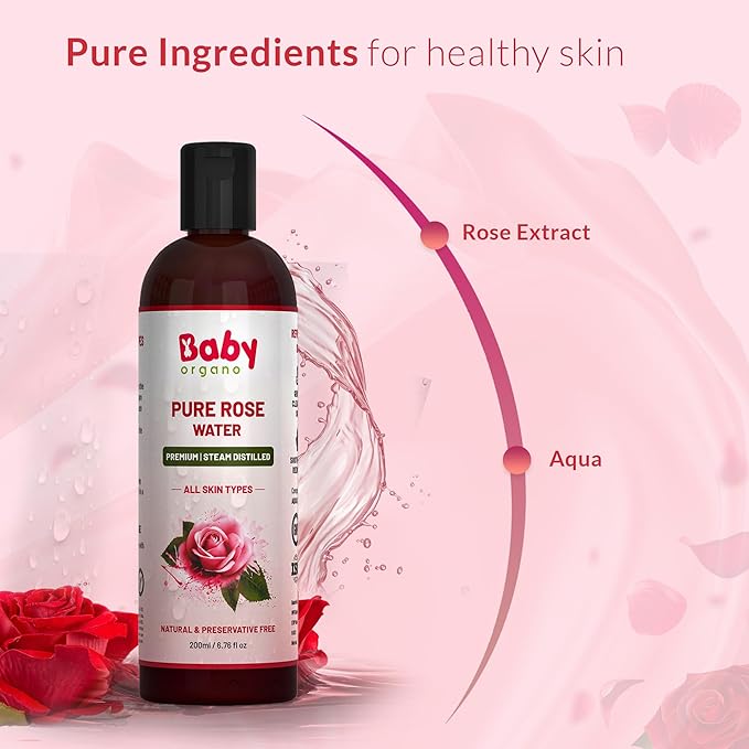Babyorgano Premium Rose Water 200ml | Pure & Natural Preservative Free Skin Toner, Face Cleanser | Balances PH | Tightens Pores | BOAZROSEWATERUS 200 ml (Pack of 1) Transparent