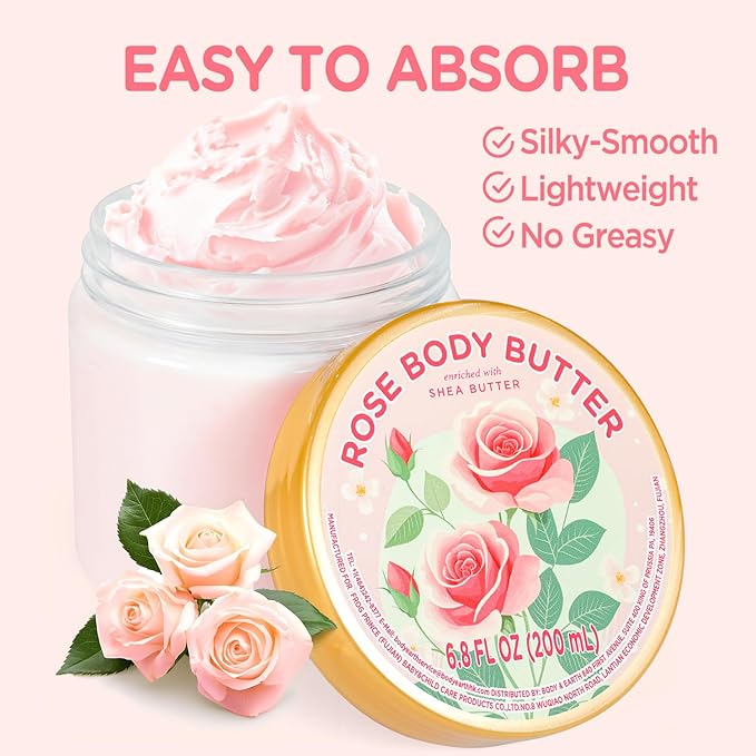 Rose Body Butter, Natural Shea Body Butter for Dry Skin, Womens and Mens Body Care, Body Care for Deep Moisturizing and Hydrating-3.4 floz+6.8 floz