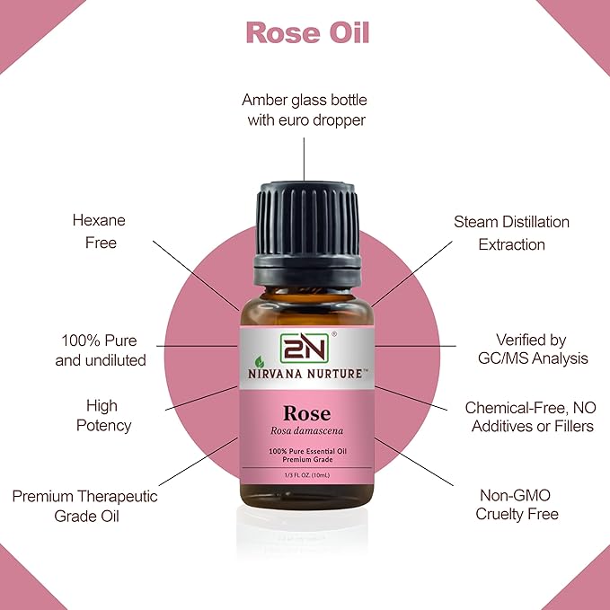 Rose Essential Oil, 100% Pure Undiluted, Aromatherapy Oil for Diffuser, Hair & Skin Care