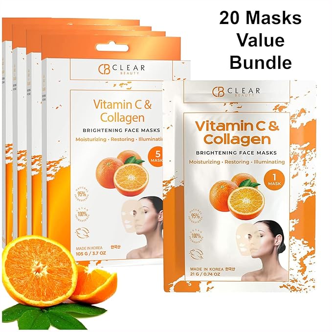 Clear Beauty Vitamin C & Collagen Face Mask - Dermatologist Tested - Diminishes Fine Lines & Wrinkles, Anti-Aging, Natural Ingredients, Cruelty-Free Korean Skin Care - All Skin Types