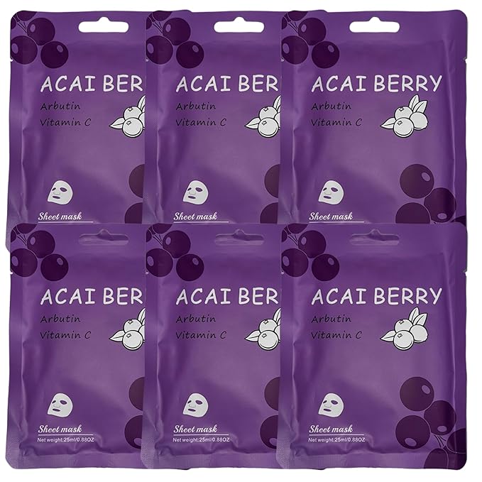 Vegan Organic Face Mask Sheet – Hydrating, Moisturizing & Brightening Skincare with Natural Ingredients for Glowing, Healthy Skin, 6 Count, Berry Acai
