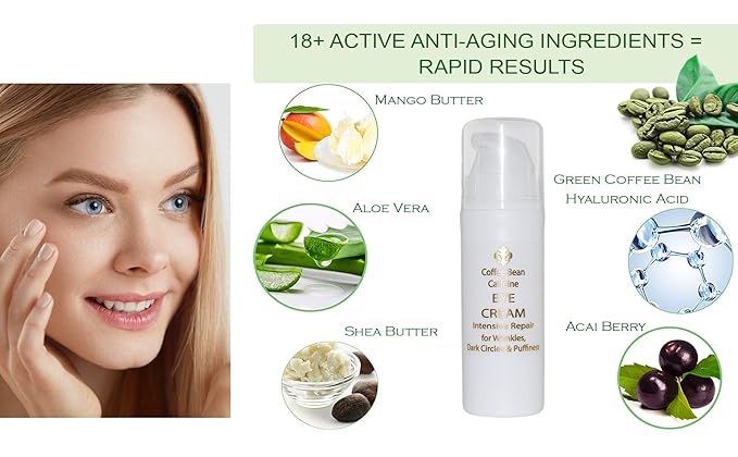 Fleur De Lis Naturals Coffee Bean Caffeine Anti Aging Eye Cream for Dark Circles, Eye Bags, Fine Lines, Puffiness. Best Anti Aging Eye Cream Moisturizer for Wrinkles, Crows feet, Puffy Eyes