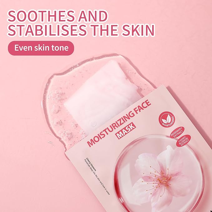 Face Masks Skincare, Pack of 5 Sheet Masks, Hydrating Facial Mask for All Skin Types, Long-lasting Moisturizing, Soothing, Cherry Blossom