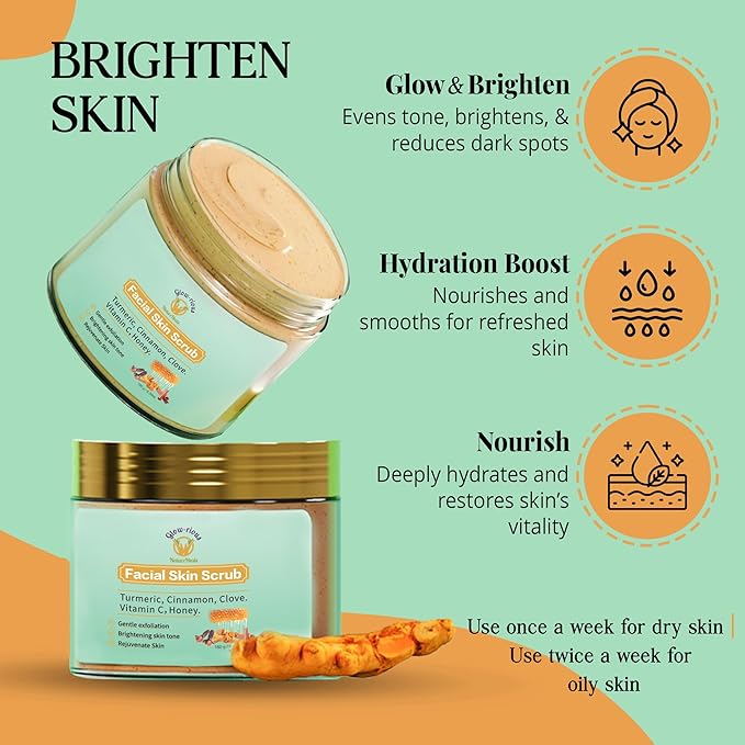 Glow-Rious Turmeric Face Scrub with Vitamin C & Honey - Gentle Exfoliating Facial Scrub for Skin & Even Tone - with Cinnamon & Clove - 100g/3.52oz