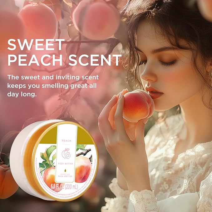 Princess Belle Peach Body Butter with Natural Shea Butter, Body Moisturizer for Dry Skin, Body Care for Women-Deep Moisturizing and Softening-200ml(6.8 floz)