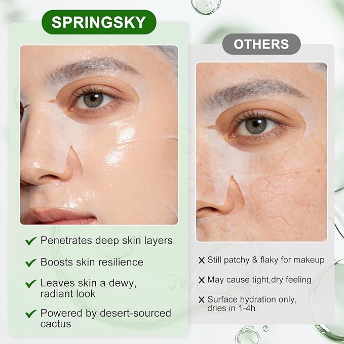 SPRINGSKY Hydrating Face Mask with Natural Cactus & Centella Asiatica, Moisturizing Sheet Mask for Dry Sensitive Skin, 24HR Deep Hydration Soothing for Radiant Glow, Korean Skincare, 4 Count
