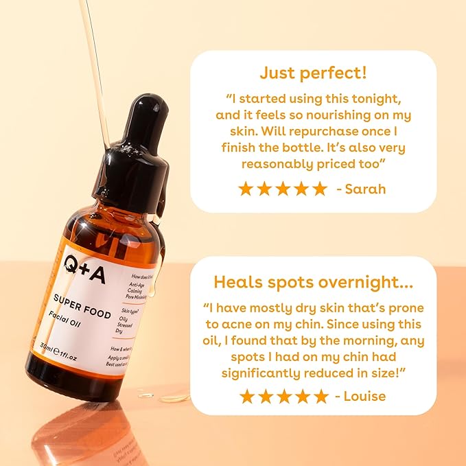 Q+A Super Food Facial Oil (30ml), Natural Vitamin-Rich Face Oil with Jojoba, Vitamin E Oil, Deeply Nourishes and Hydrates Dry, Sensitive, and Normal Skin, Boosts Skin Radiance and Glow