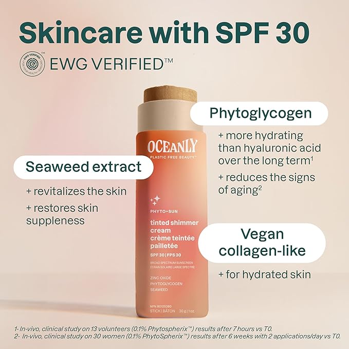 ATTITUDE Oceanly Tinted Shimmer Face Cream Stick with SPF 30, EWG Verified, Plastic-Free, Broad Spectrum UVA/UVB Protection with Zinc Oxide, Universal Tint, Unscented, 0.3 Ounce