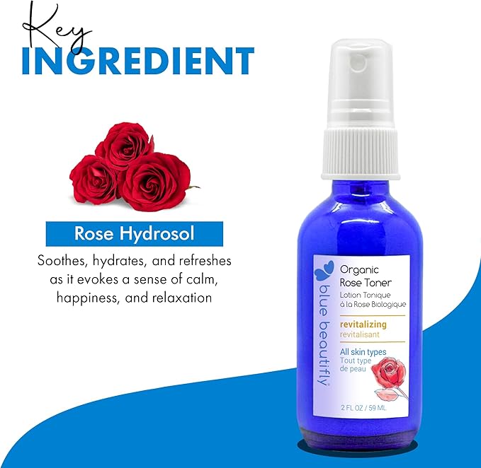 Blue Beautifly USDA Certified Organic Rose Water Spray for Face - Instant Hydration Face Mist for All Skin Types - Facial Spray Calms The Mind and Uplifts The Mood All Day - Great for Hair - 2 fl oz