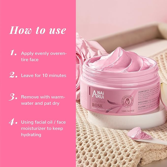 ANAI RUI Rose Facial Mask, Deep Cleansing, Clay Mask with Kaolin Pink Clay, Gifts for Women, Niacinamide, Collagen, Hyaluronic Acid for Moisturizing & Smooth Skin, Pores Minimizers, 4.23 Oz