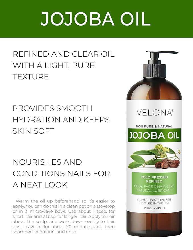velona Jojoba Colorless Oil 16 fl oz | 100% Pure and Natural Carrier Oil | Clear, Refined, Cold Pressed | Moisturizing Face, Hair, Body and Skin Care | Use Today - Enjoy Results