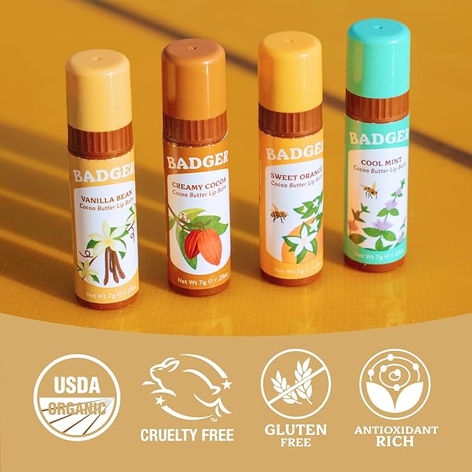 Badger Vanilla Bean Cocoa Butter Lip Balm, Long Lasting Hydrating Lip Care, 100% Organic Lip Balm, Large Size Stick, 4-pack