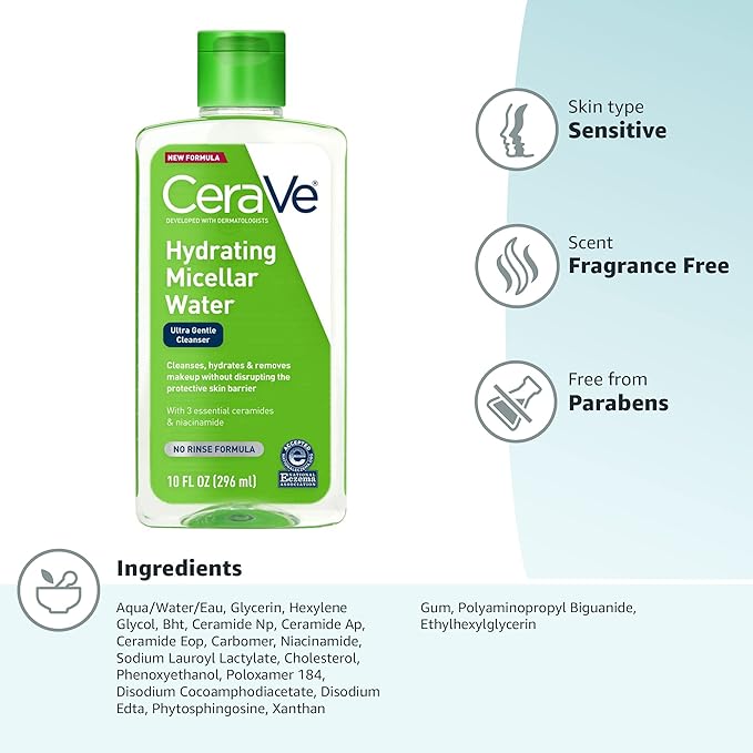 CeraVe Micellar Water, Hydrating Facial Cleanser & Eye Makeup Remover with Niacinamide, Ceramides & Glycerin, Fragrance-Free & Non-Irritating, 10 Fluid Ounces