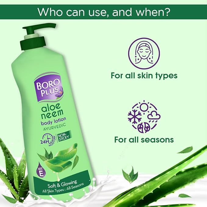 BOROPLUS Aloe Neem Body Lotion | Ultra-Hydrating, Non-Greasy Moisturizer for Very Dry Skin | 24-Hour Deep Nourishment with Aloe Vera & Neem | Fast-Absorbing Body & Hand Lotion | 13.53 Fl Oz (400ml)
