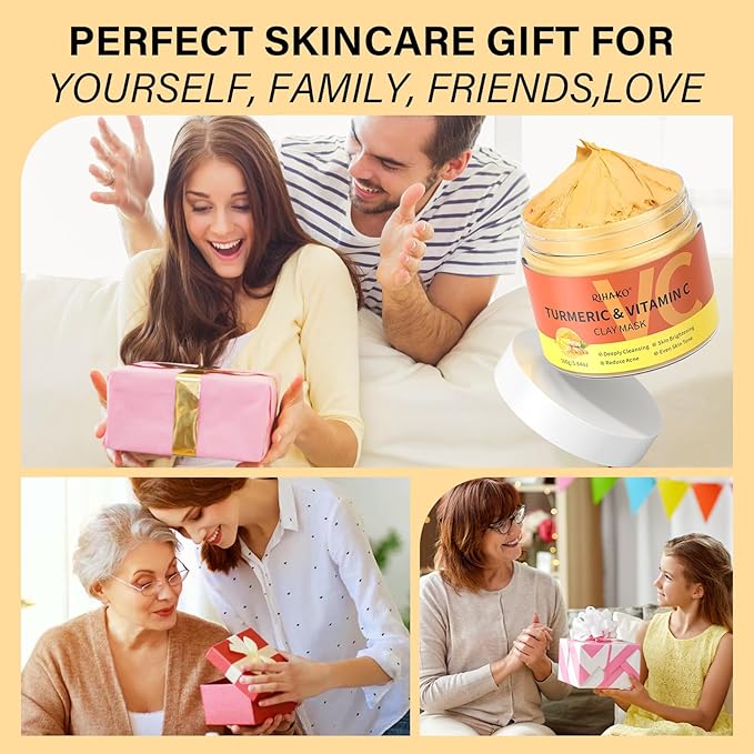 RIHAKO Valentine 's Day Gift for Women Turmeric Vitamin C Clay Mask Skincare| Deep Cleansing Facial Clay Mask for Dark Spots, Dull Skin, Refining Pores and Controlling Oil,Dark Spot Remover for Face