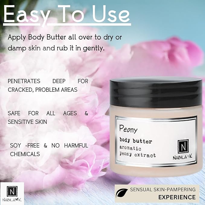Nabila K Body Butter - Daily Moisturizer for Body Care - Skin Hydrating Deep Moisturizing - Natural Ingredients - Peony - 2 oz