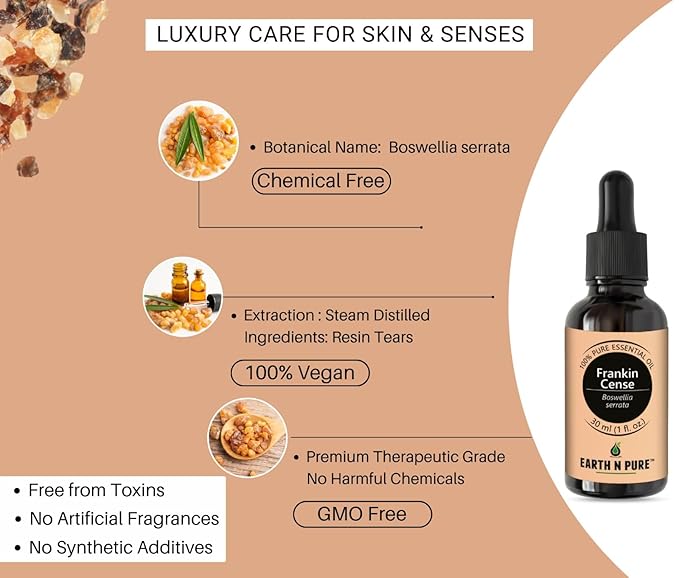 Earth N Pure Frankincense Essential Oil Steam Distilled, Undiluted, Natural and Therapeutic Grade with Glass Dropper 50 ml
