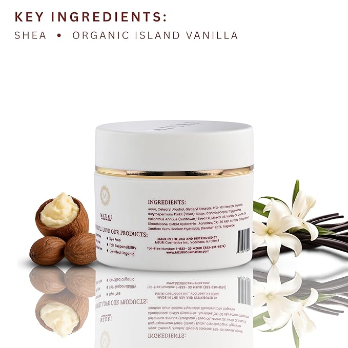 MZURI Body Butter, Whipped Shea and Island Vanilla Blend, Fast-Absorbing, Deep Moisturizing Cream with Essential Oils, Non-Greasy, Natural Skincare for Dry, Glowing Skin, Organic Butter - 8 Fl. Oz