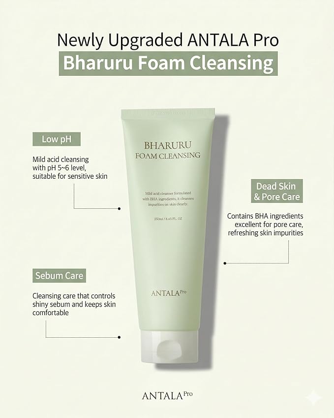 ANTALA Bharuru Low pH Korean Skincare Foam Cleanser 8.45oz, Gentle Facial Cleanser with Bakuchiol, BHA and Centella, Deep Pore Cleansing Face Wash, Hydrating Cream Cleanser for Sensitive Skin