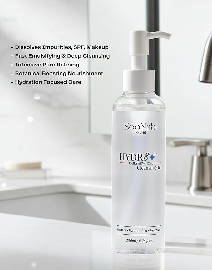 HYDR8+ 365 Daily Advanced Cleansing Oil (200ml) Korean Cleansing Oil That Melts Makeup, Sunscreen & Impurities Jojoba Oil, NB‑P Complex & Botanicals Vegan, Gentle, Hydrating, Cleanses Pores