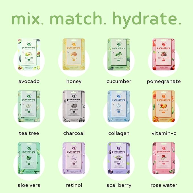 PB & JAY Purenature Facial Mask – Premium Quality Korean Sheet Mask for Dry Skin – Korean Collagen Essence Hydrating Facemask Sheet (Cucumber)