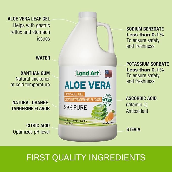 Land Art Pure Aloe Vera Drinkable Gel - Orange Tangerine Flavored - Cold-Processed Inner Filet - from Organic Fresh Leaves from Texas - for Heartburn Relief - Acid Reflux - 64 fl oz