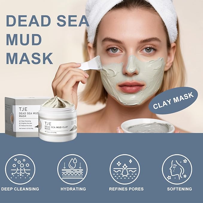TJE Dead Sea Mud Mask, Deep Cleansing Facial Clay Mask for Acne, Blackheads, Minimize Pores, Moisturizing, Purifying Clay Masks for Dull & Tired Skin