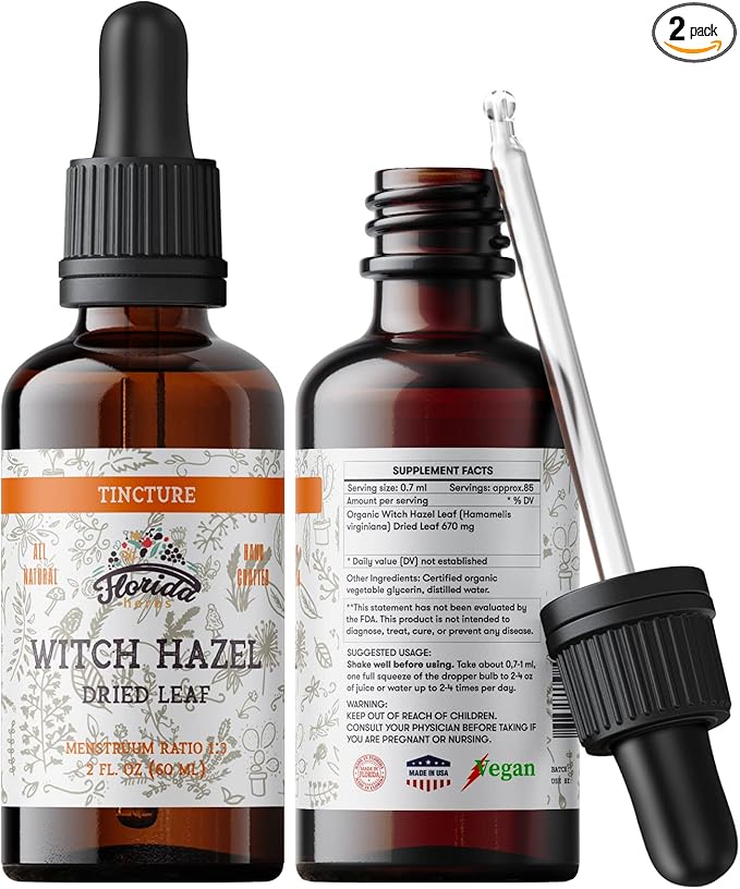 Witch Hazel Leaf Tincture, Witch Hazel Leaf Extract (Hamamelis Virginia) Herbal Supplement, Non-GMO in Cold-Pressed Organic Vegetable Glycerin 2 x 2 oz, 700 mg, 2 oz (60 ml)